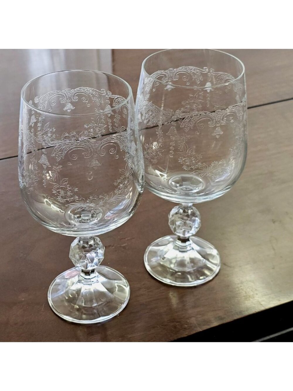 2 Import Assoc Cascade Water Goblets 6.7" etched crystal romantic floral glasses